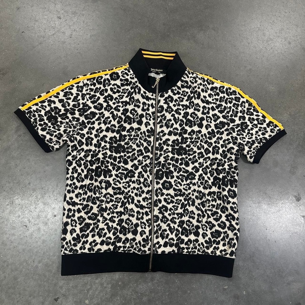 Juicy Couture leopard print zip up short sleeve jacket shirt Size XL